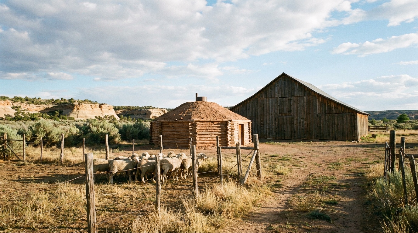 The grounds at Hubbell with a traditional Navajo hogan, weathered barn, and sheep in a corral under a wide blue Arizona sky
