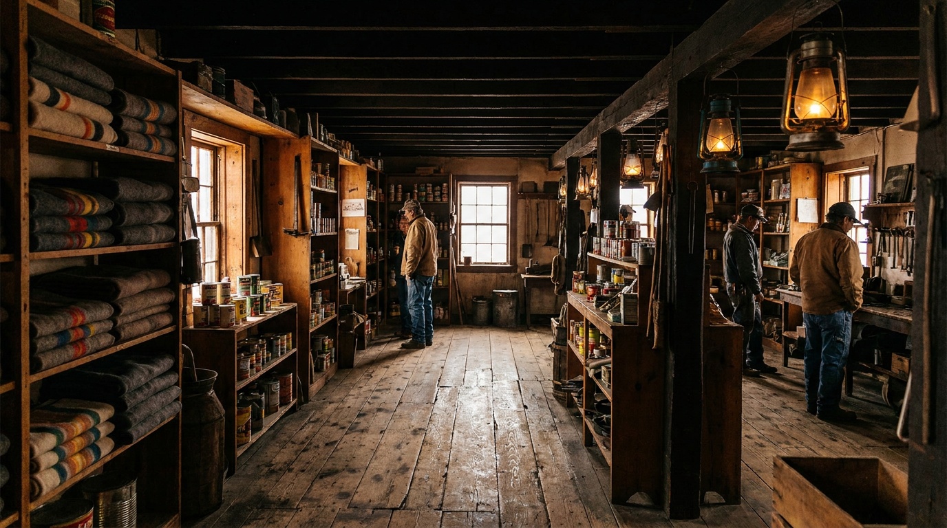 Interior of the dim Hubbell trading post bullpen, squeaky wood-plank floors, shelves of goods and hanging lanterns, warm low light