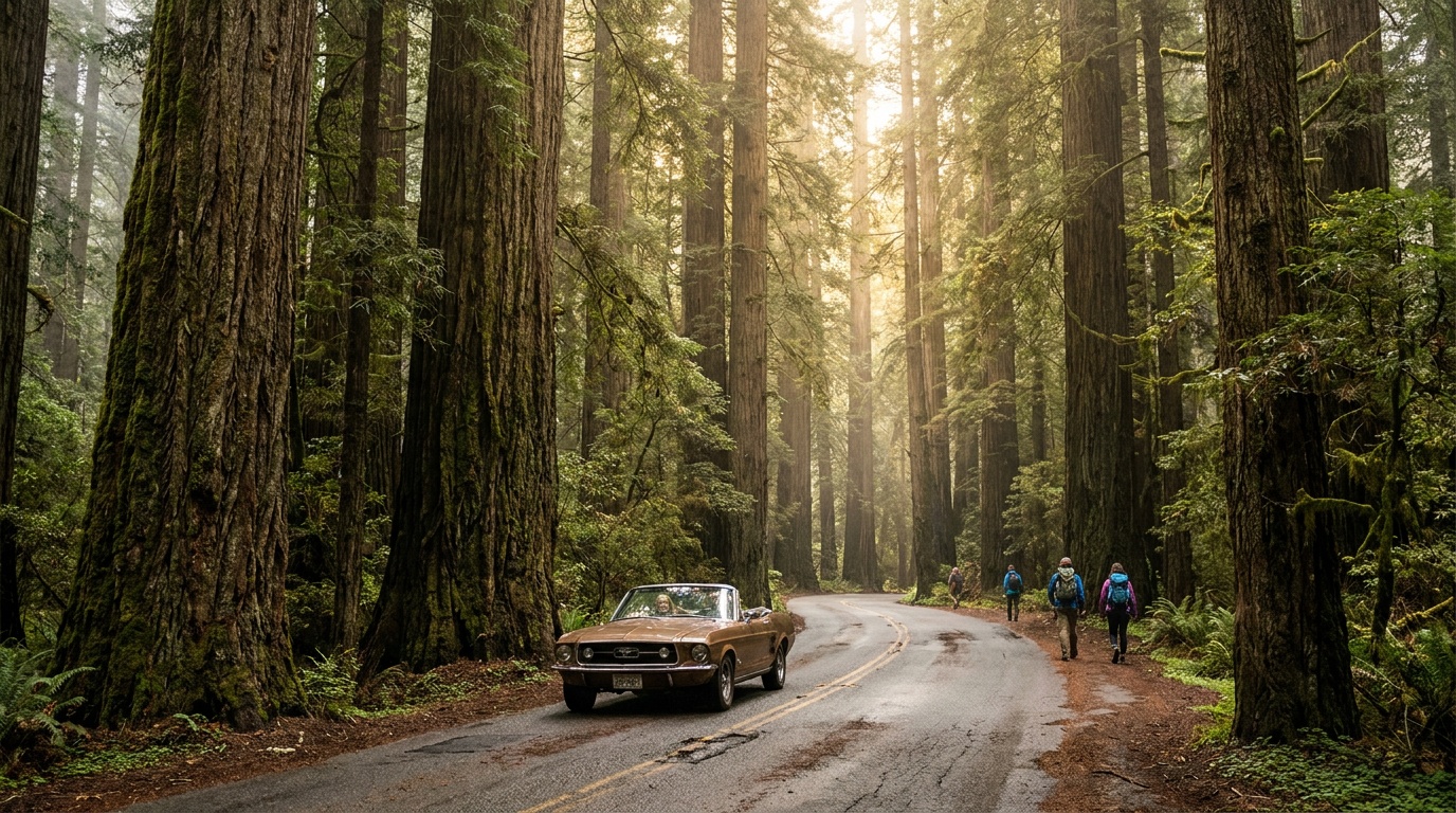 The Avenue of the Giants scenic drive through towering redwoods