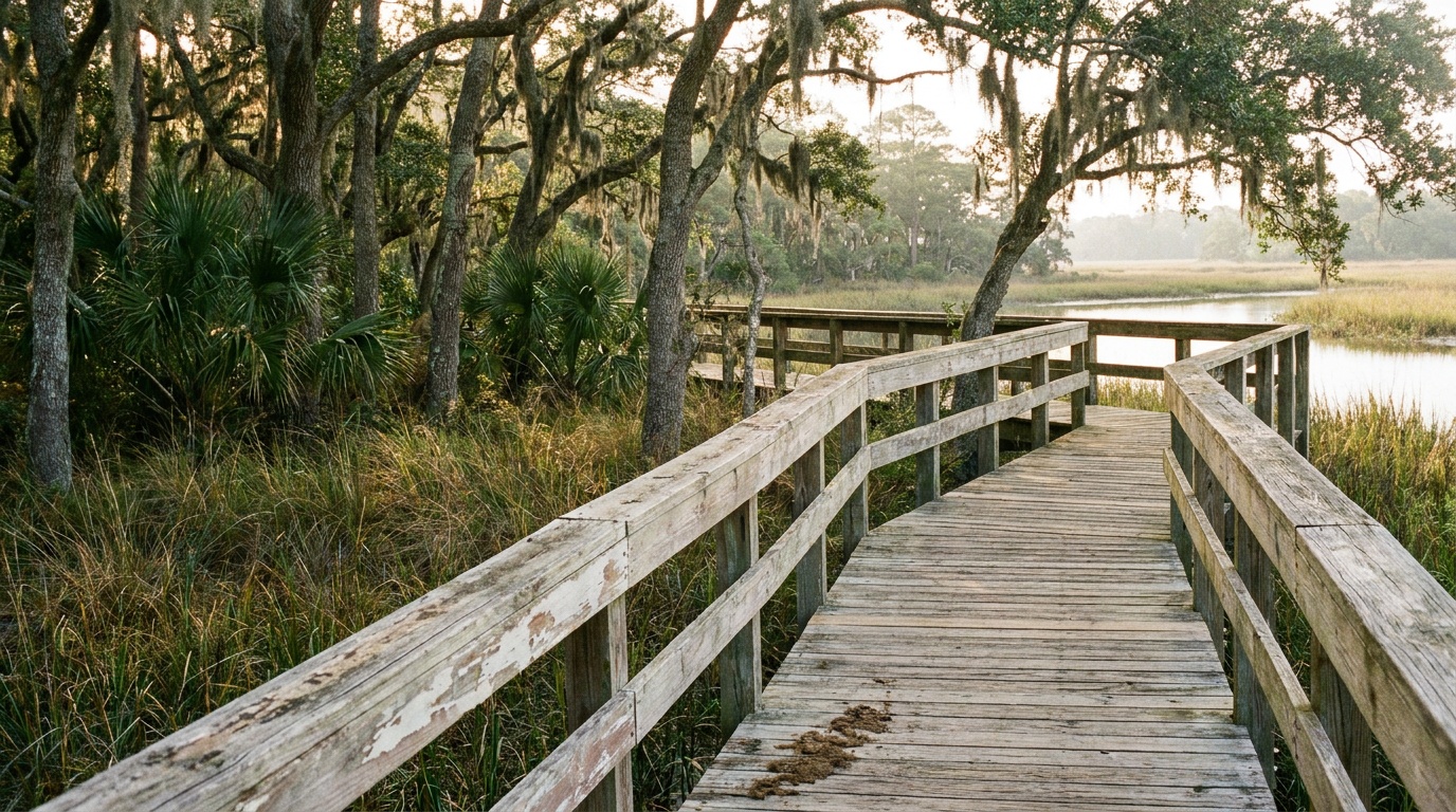 The marsh boardwalk over the lagoon and maritime forest