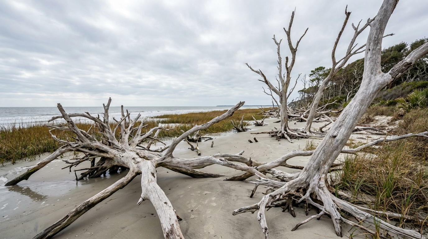 Weathered driftwood trees on the boneyard beach at Hunting Island