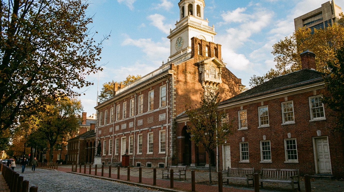 Independence Hall in Philadelphia, its brick Georgian facade and white clock tower glowing in warm afternoon light under a blue sky