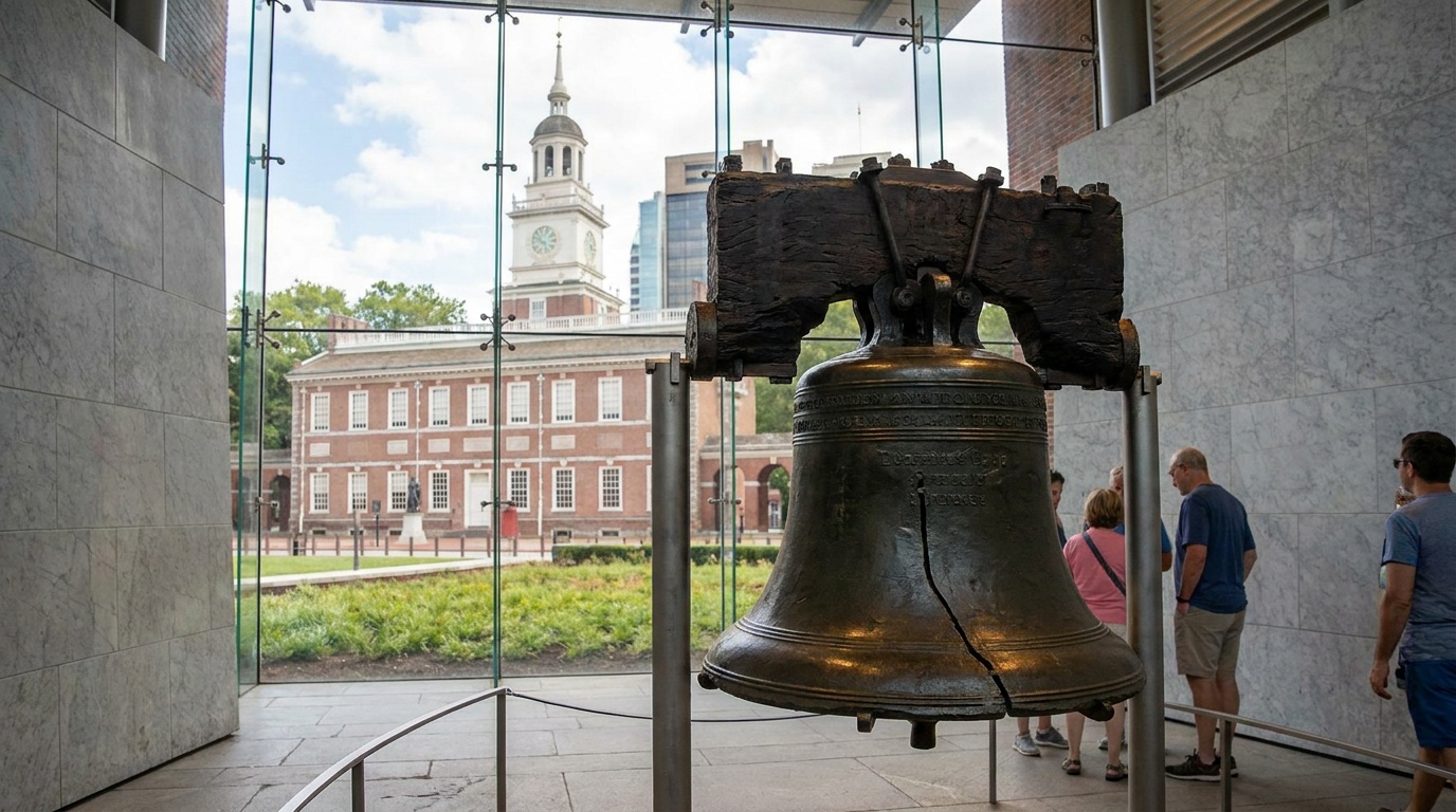 The Liberty Bell with its famous crack, displayed in the glass-walled Liberty Bell Center with Independence Hall framed through the window behind it