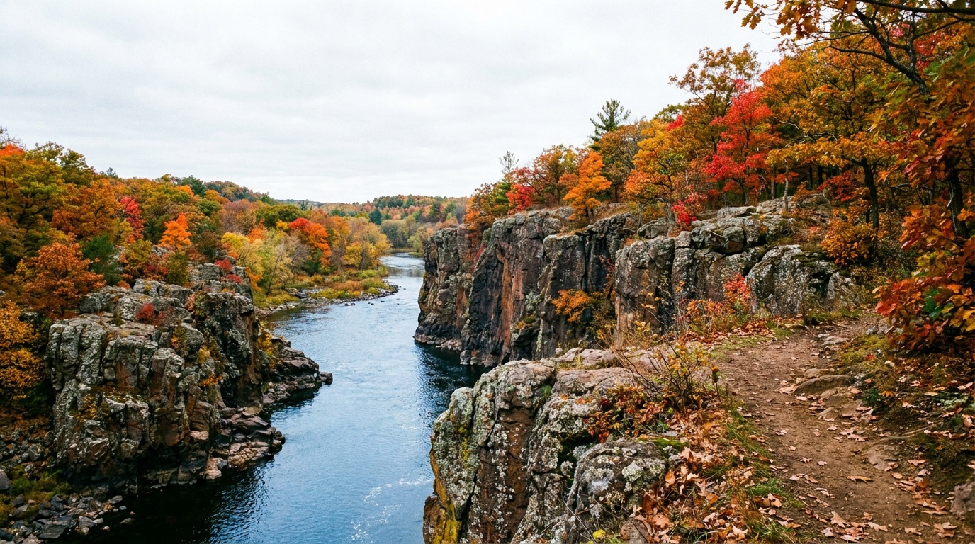 The dramatic basalt cliffs of the Dalles of the St. Croix at Interstate State Park, sheer dark rock walls dropping to the blue river, brilliant autumn foliage on the gorge rim, Taylors Falls Minnesota