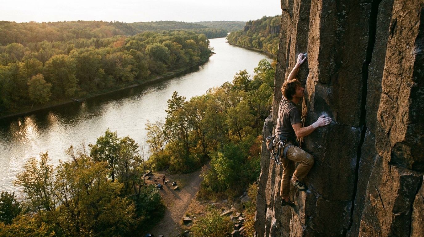 A rock climber on the sheer basalt cliffs of the Dalles above the St. Croix River, river and forest below, late afternoon light, Taylors Falls
