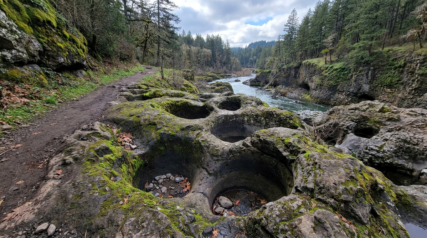Deep circular glacial potholes drilled into the dark basalt bedrock along the Pothole Trail at Interstate State Park, smooth rounded rock walls, river gorge in the background
