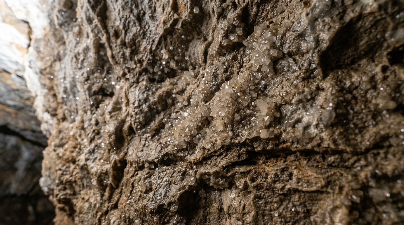 Delicate nailhead and dogtooth spar crystals coating a Jewel Cave wall in close detail, glinting under soft cave lighting