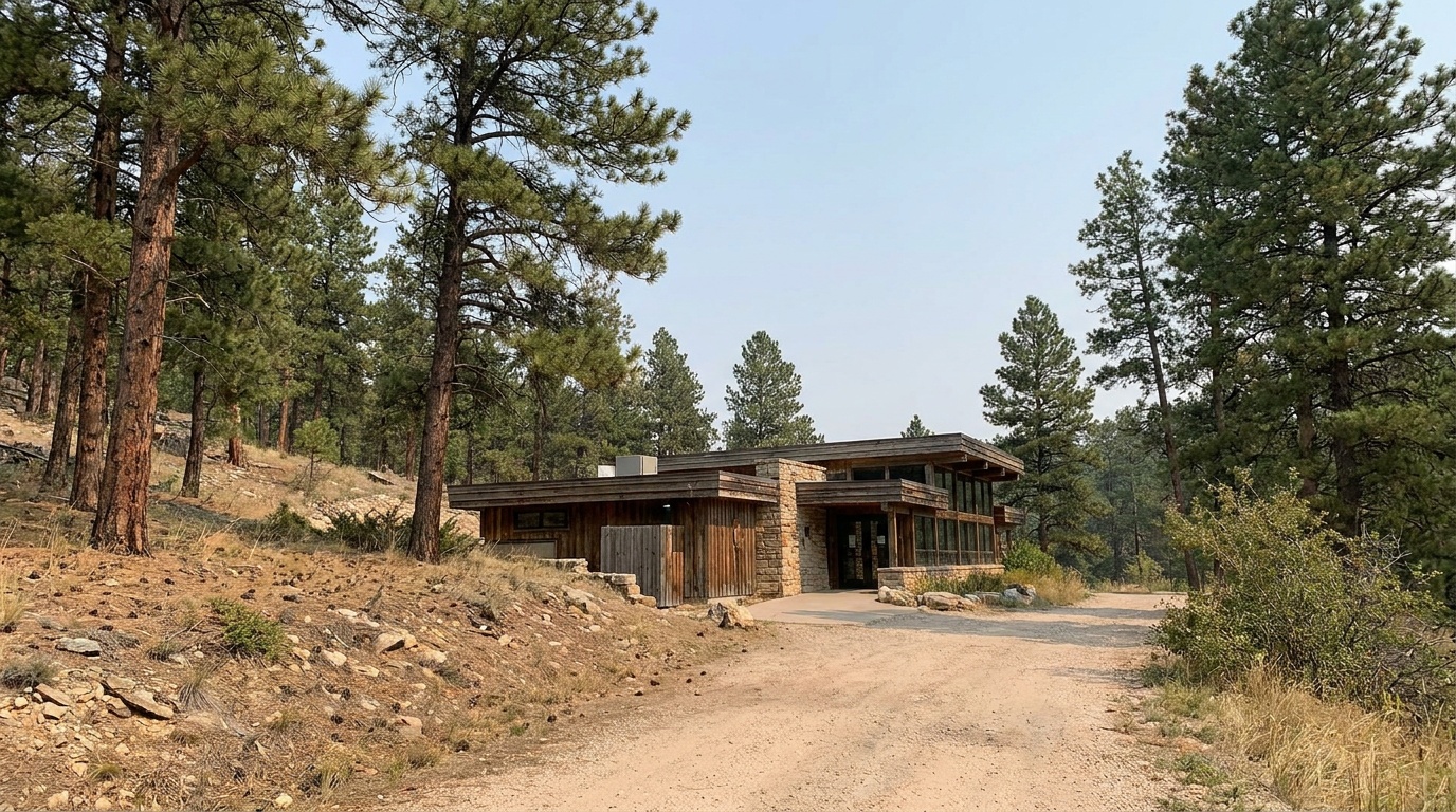 The modern Jewel Cave visitor center building set among ponderosa pines in the southern Black Hills under a clear sky
