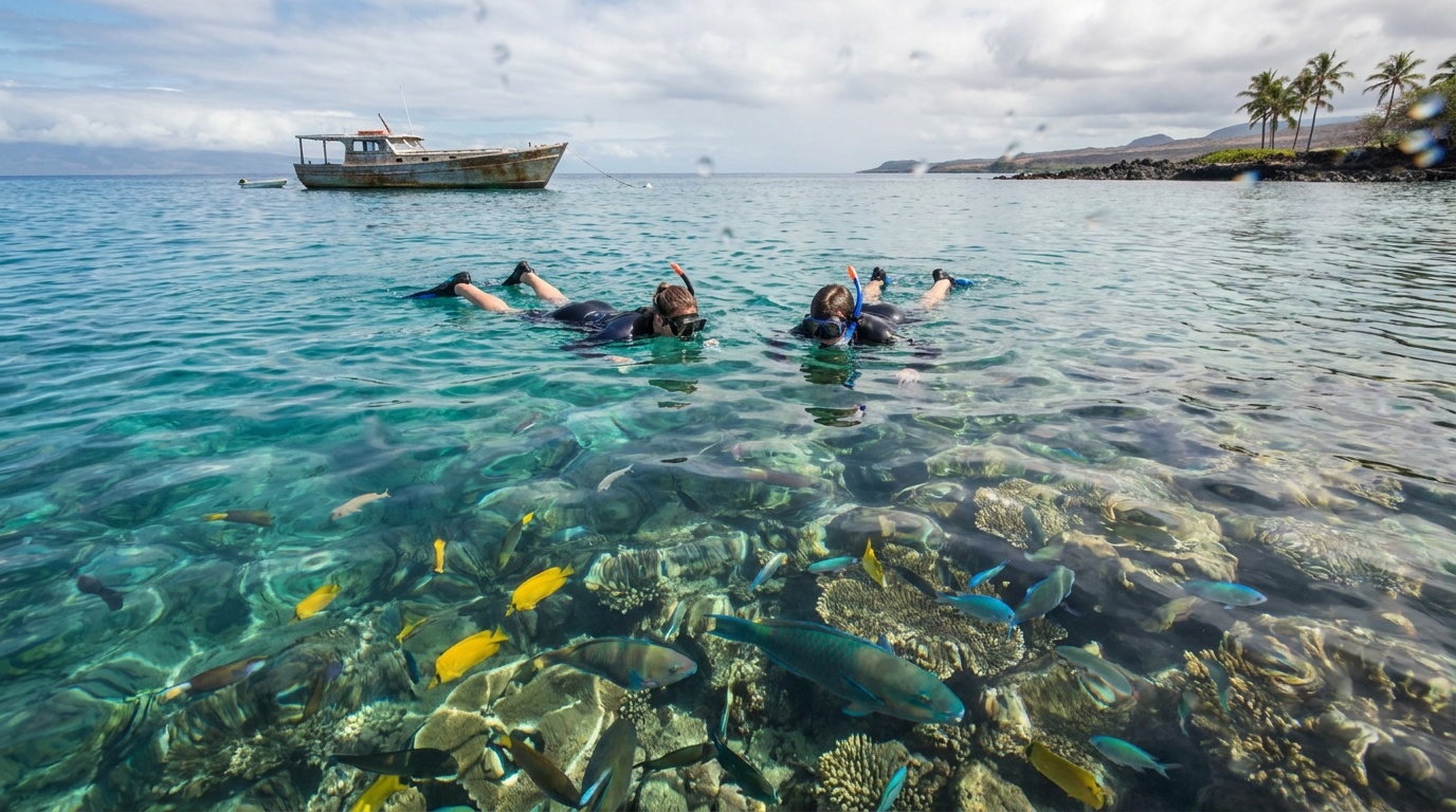 Snorkelers above a living coral reef with tropical fish