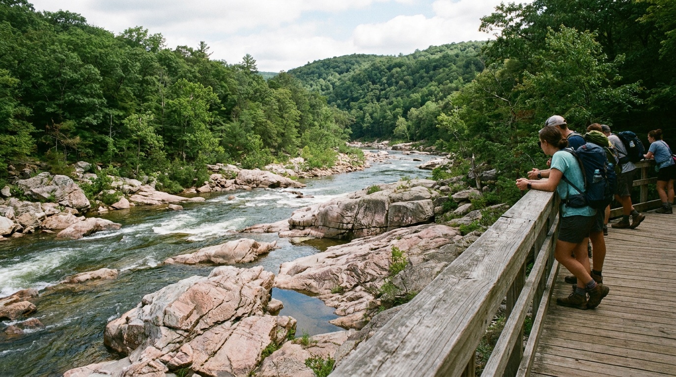 A boardwalk overlook above the shut-ins, the Black River braiding through pink and grey igneous rock formations, forested hills of the St. Francois Mountains beyond.