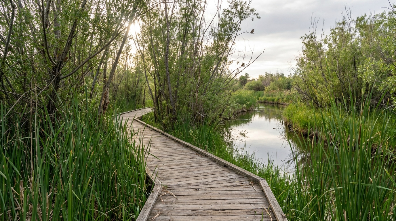 Boardwalk trail through the Rock Cliff wetland nature area at Jordanelle, green reeds and willows along a quiet river channel, songbirds, soft light