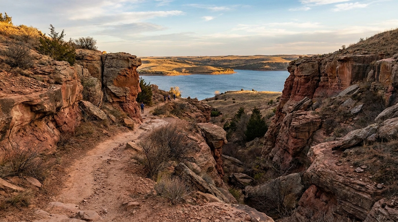 Reddish sandstone bluffs and a narrow canyon trail of Horsethief Canyon at Kanopolis, the blue Kanopolis Reservoir and Smoky Hills prairie spreading beyond at golden hour.