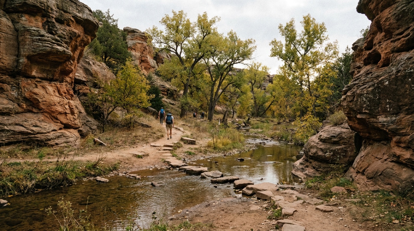 A hiking trail crossing a shallow creek between sandstone walls and cottonwood trees in Horsethief Canyon, Kanopolis State Park, Kansas.
