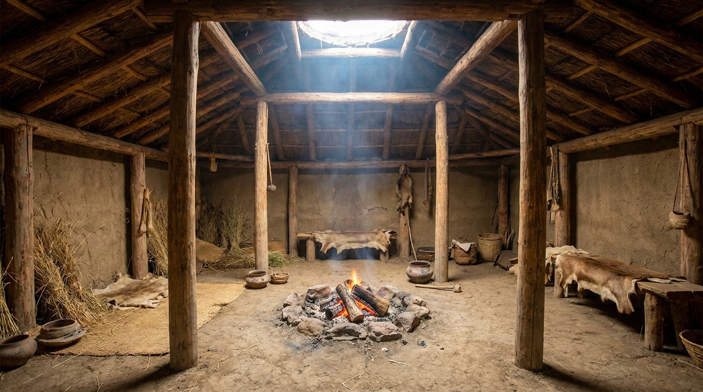 Interior of the reconstructed earthlodge at Knife River, central fire pit, timber post frame, light from the smoke hole above