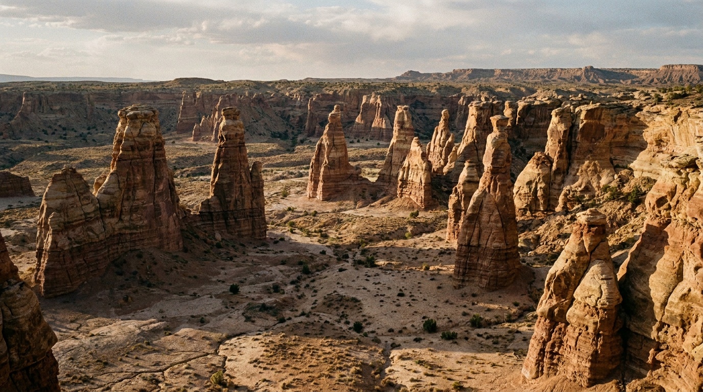 Tall monolithic sedimentary pipes rising from the red basin floor