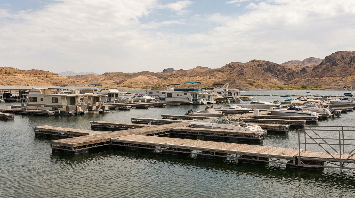 A Lake Mead marina with houseboats and powerboats along floating docks