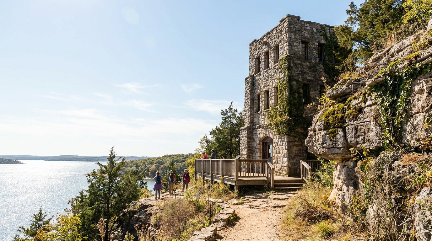 Close view of the four-story stone Tucker Tower nature center on its rocky lakeside bluff, rugged masonry against a bright Oklahoma sky.