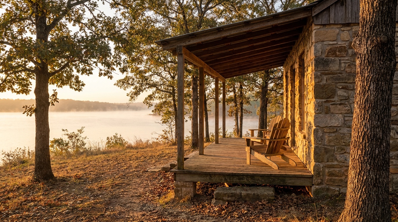 A cozy stone cabin among oak trees overlooking Lake Murray, an Adirondack chair on the porch facing the water at golden hour.
