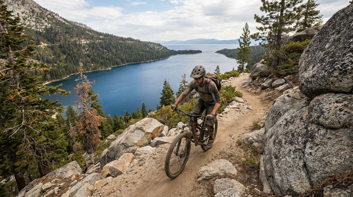 The cliffside Flume Trail high above Lake Tahoe's blue expanse, a mountain biker on the narrow path, granite and pines, panoramic lake view