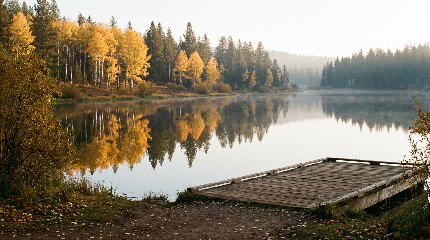 Quiet Spooner Lake in autumn with golden aspens reflected in still water, forested hills, soft morning light
