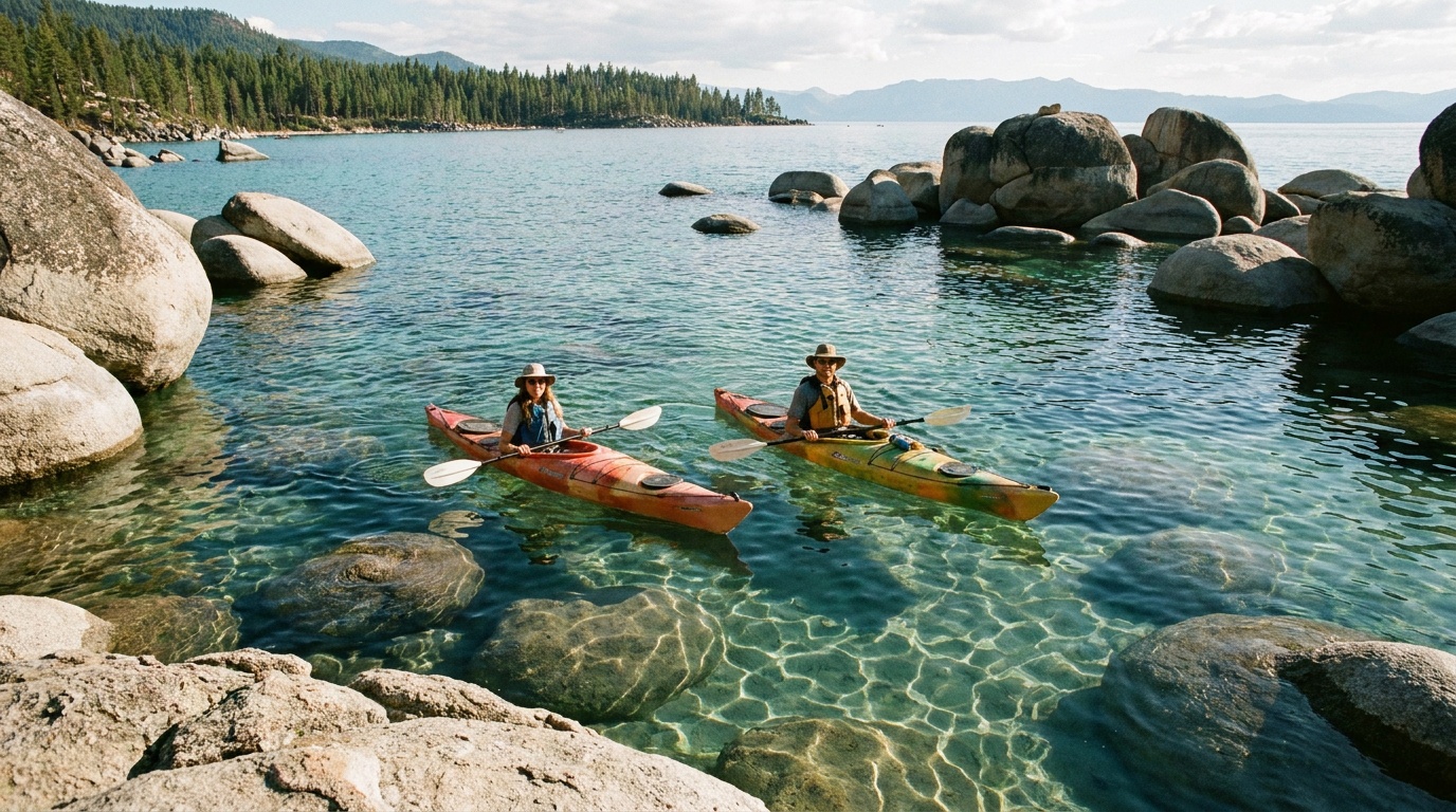 Kayakers paddling among smooth granite boulders in the crystal-clear shallow water of Sand Harbor, sunlight on the lake bottom