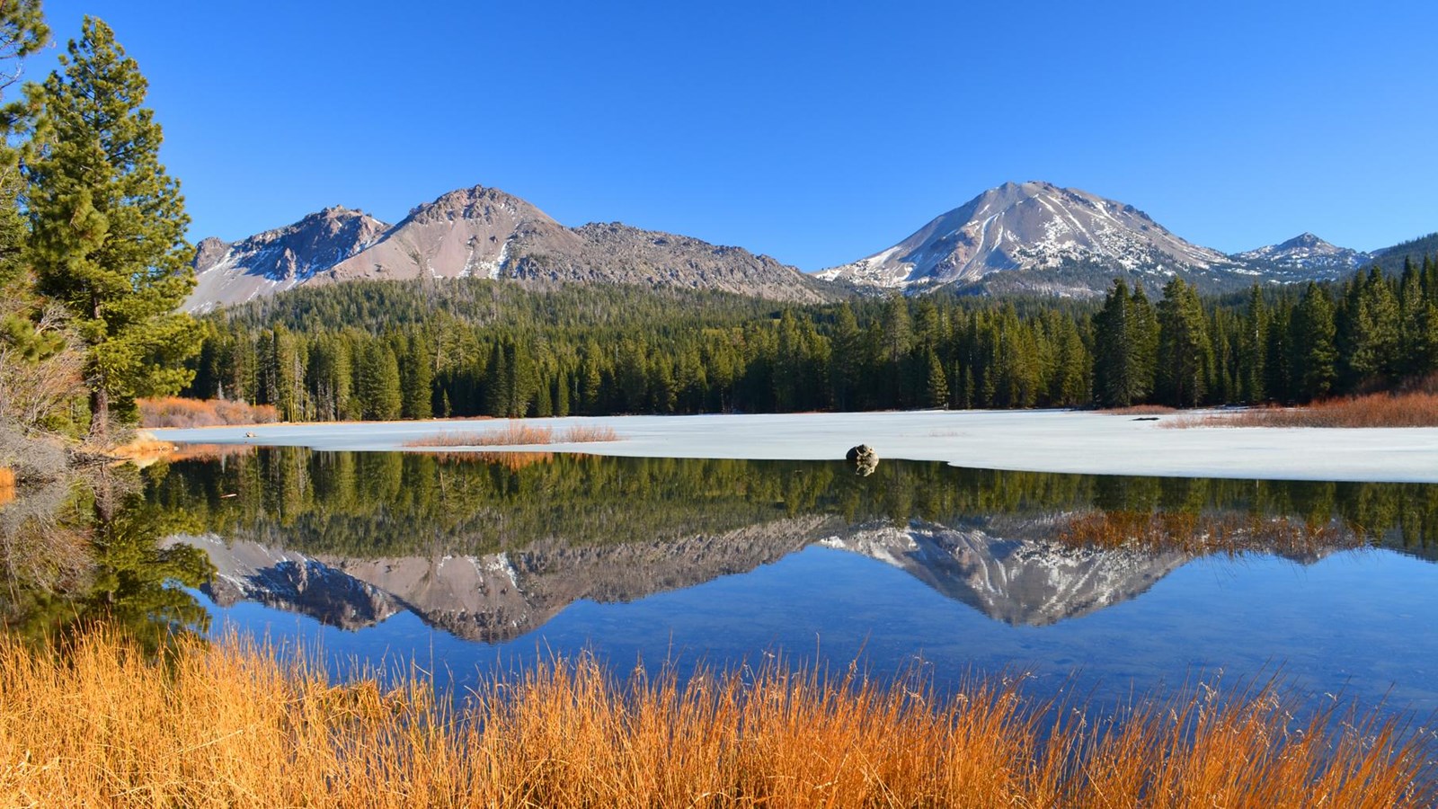 Lassen Peak reflected in Manzanita Lake with golden shoreline grass