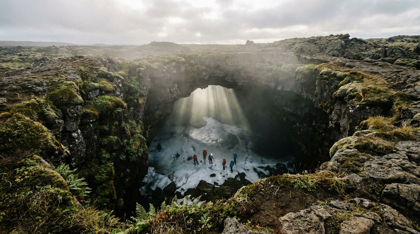 The massive collapsed entrance of Skull Cave, a gaping circular hole in the lava with light streaming down to an ice floor far below, people tiny for scale