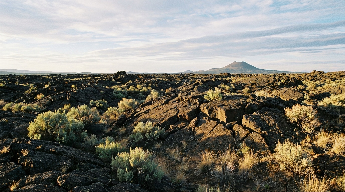 Vast black basaltic lava field at Lava Beds National Monument under a huge high-desert sky, sagebrush, Schonchin Butte rising in the distance, golden afternoon light