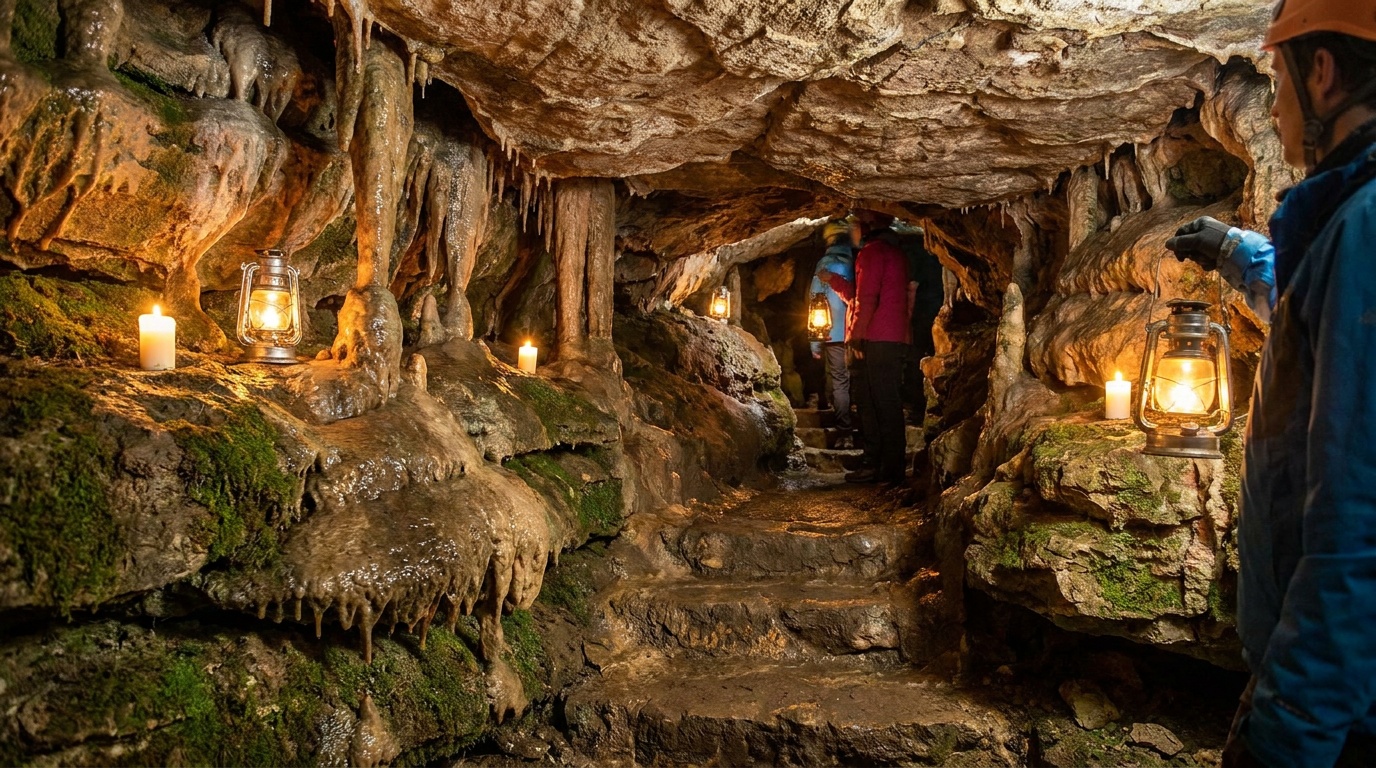 A lantern-lit candlelight cave tour scene with warm glowing light revealing dripstone formations and a narrow stone passage