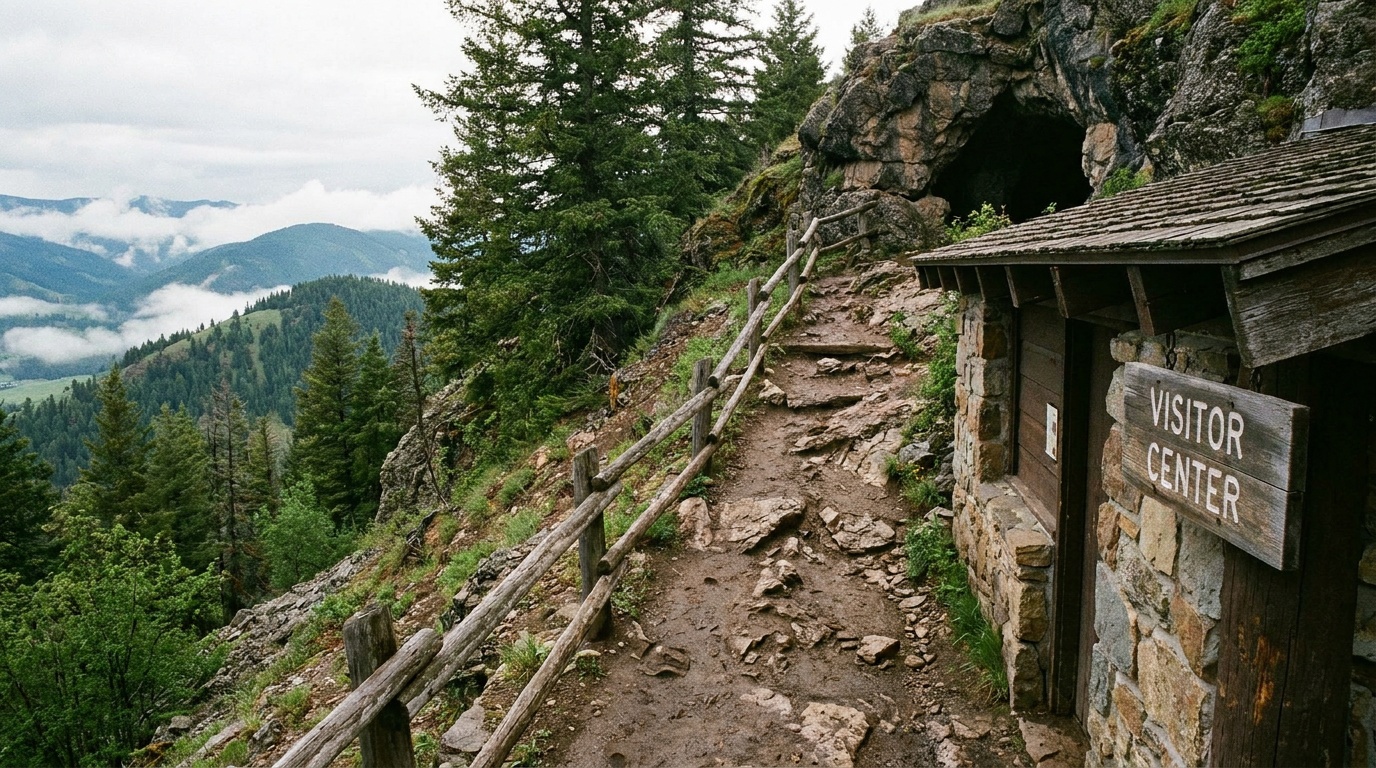 The steep wooded approach trail climbing the hillside to the cave entrance above the visitor center, southwest Montana mountains in the background