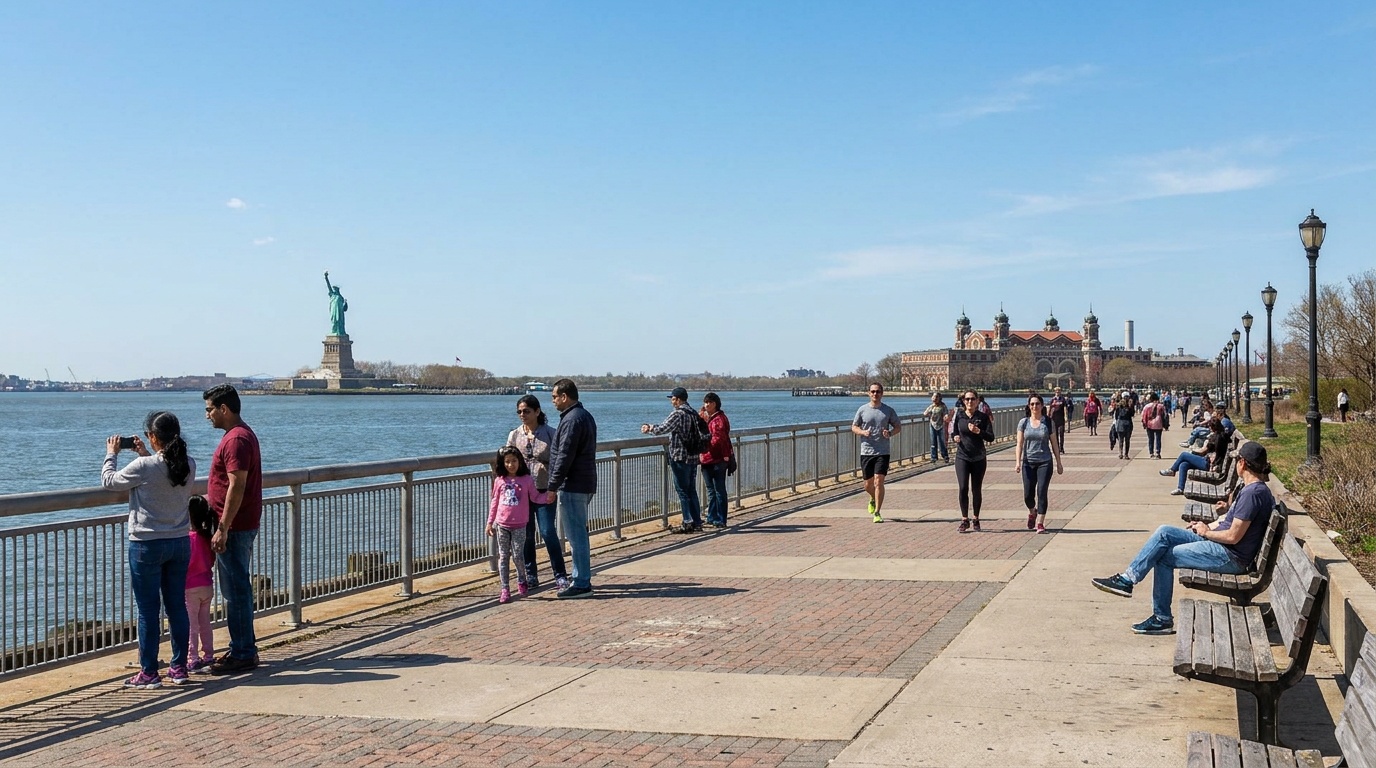 The two-mile Liberty Walk waterfront promenade at Liberty State Park, people strolling with the Statue of Liberty and Ellis Island visible across the water, clear blue sky
