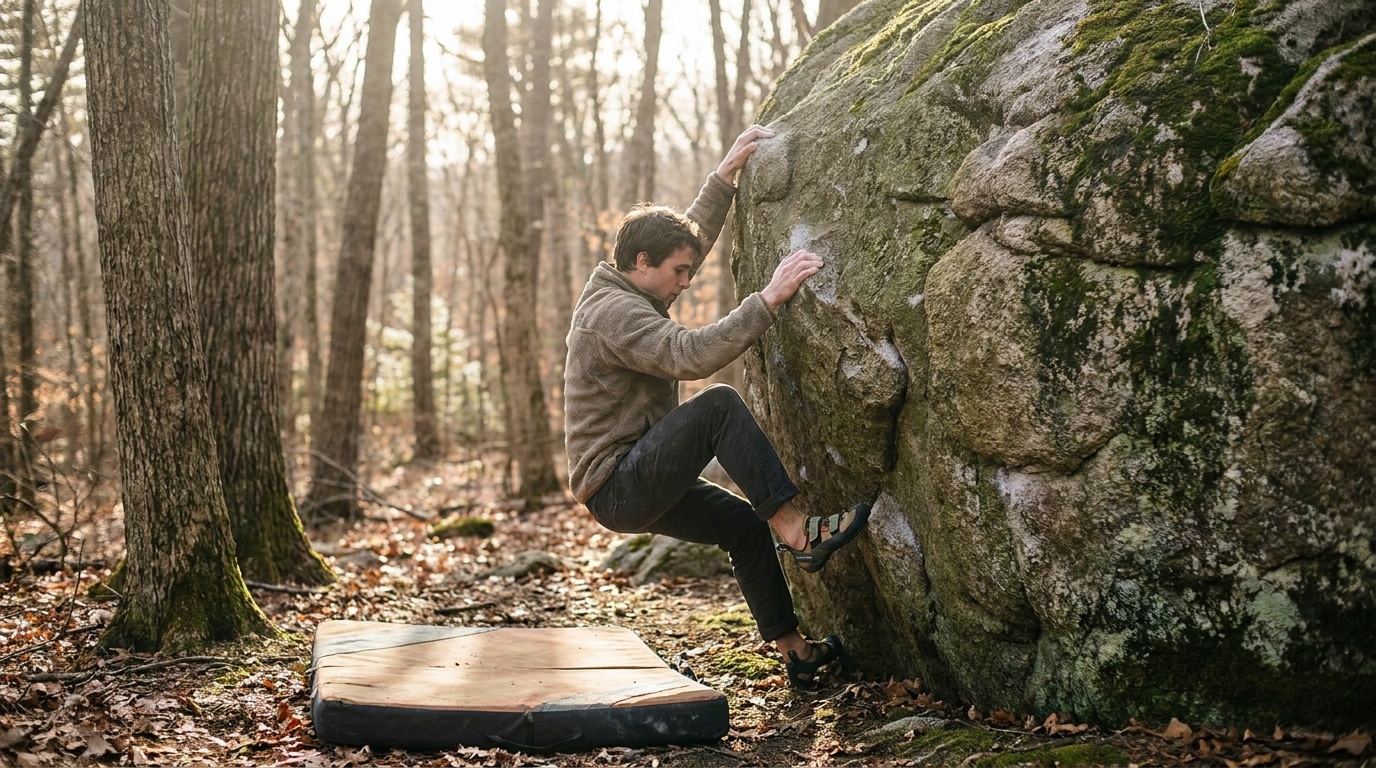 A climber bouldering on a large glacial granite boulder in the wooded section of Lincoln Woods State Park, crash pad below, dappled forest light, Rhode Island