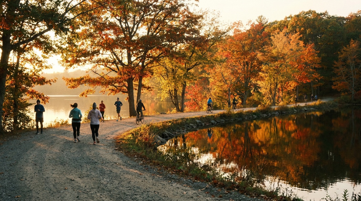 The shoreline loop road and walking path circling Olney Pond at Lincoln Woods State Park, joggers and cyclists, fall foliage reflecting on the water, golden hour