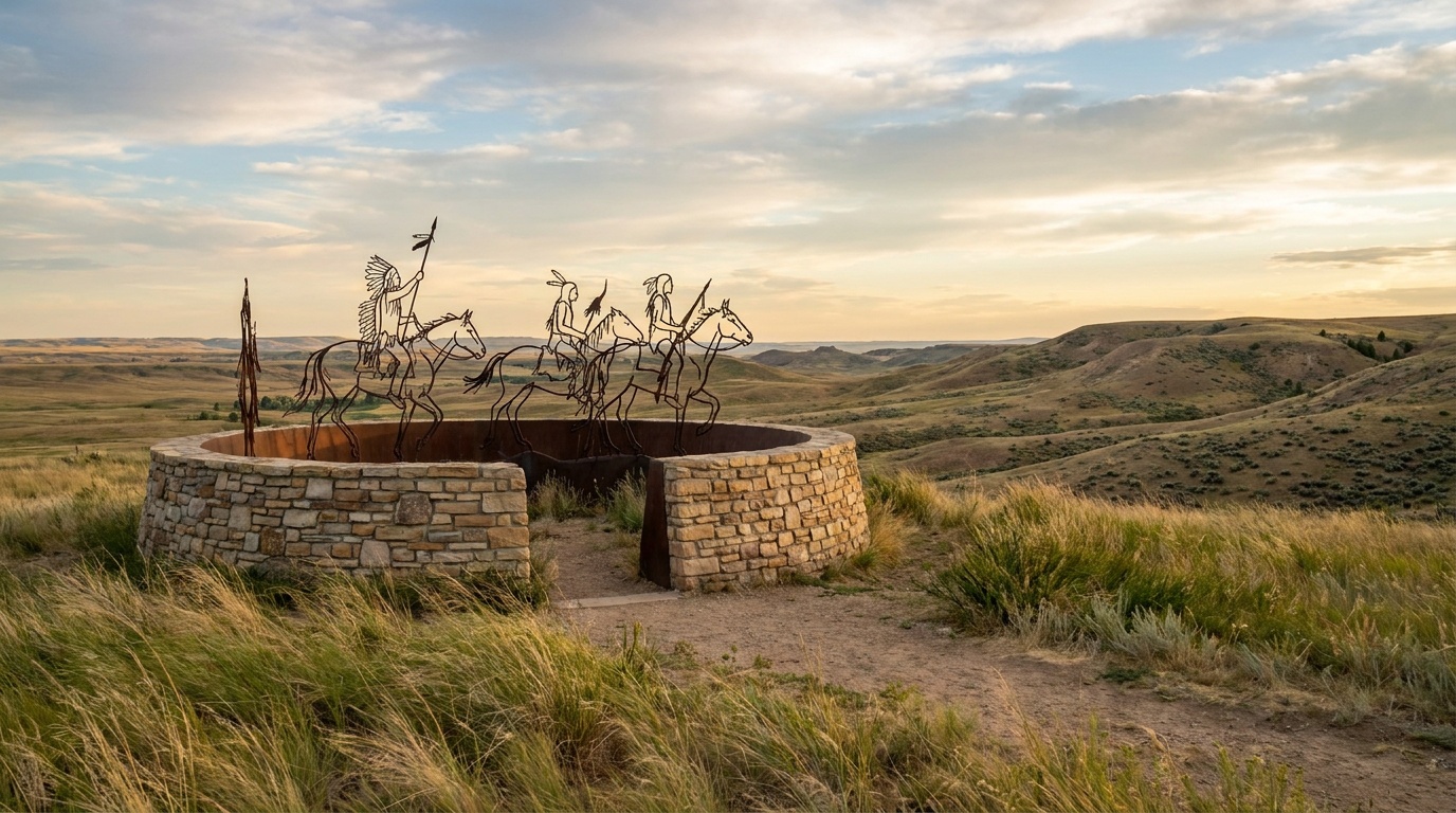 The Indian Memorial at Little Bighorn, a circular stone monument with sculpted spirit warriors silhouetted against the sky, prairie grass and distant hills