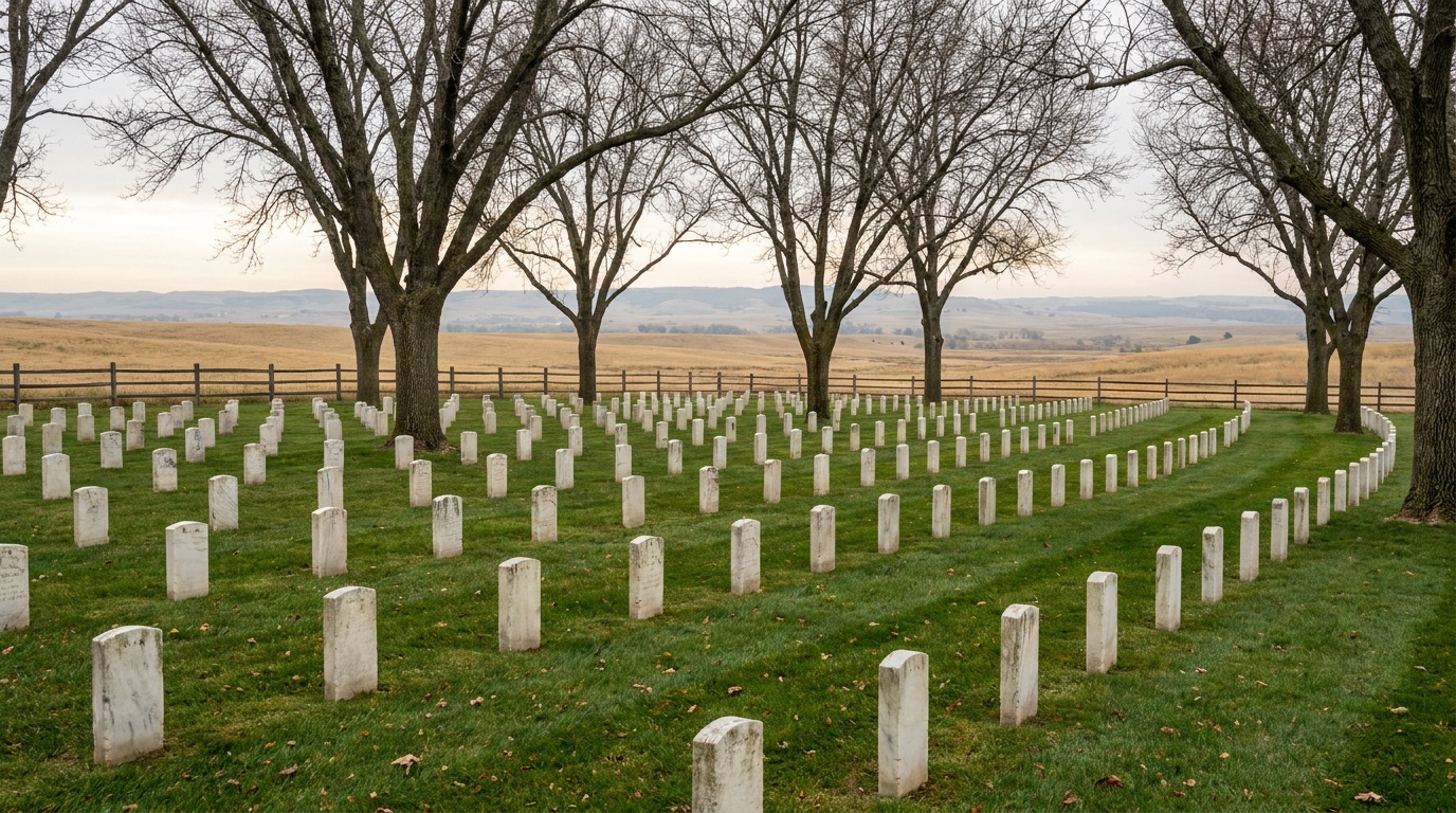 Rows of headstones at Custer National Cemetery under tall trees, neatly mown grass, solemn quiet morning light, prairie beyond the boundary fence