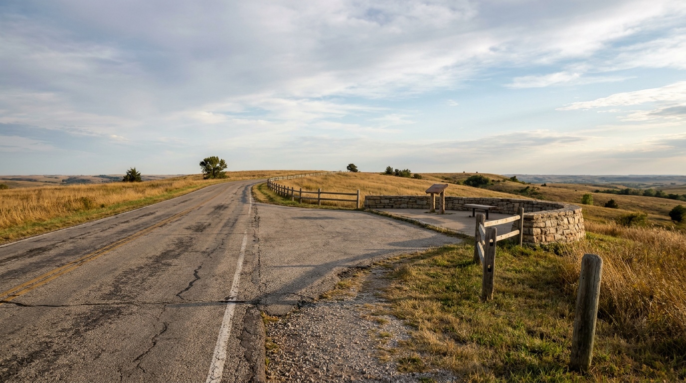 The paved Battlefield Tour Road curving along a grassy ridge with interpretive overlook pullouts, rolling prairie stretching to the horizon under a wide sky