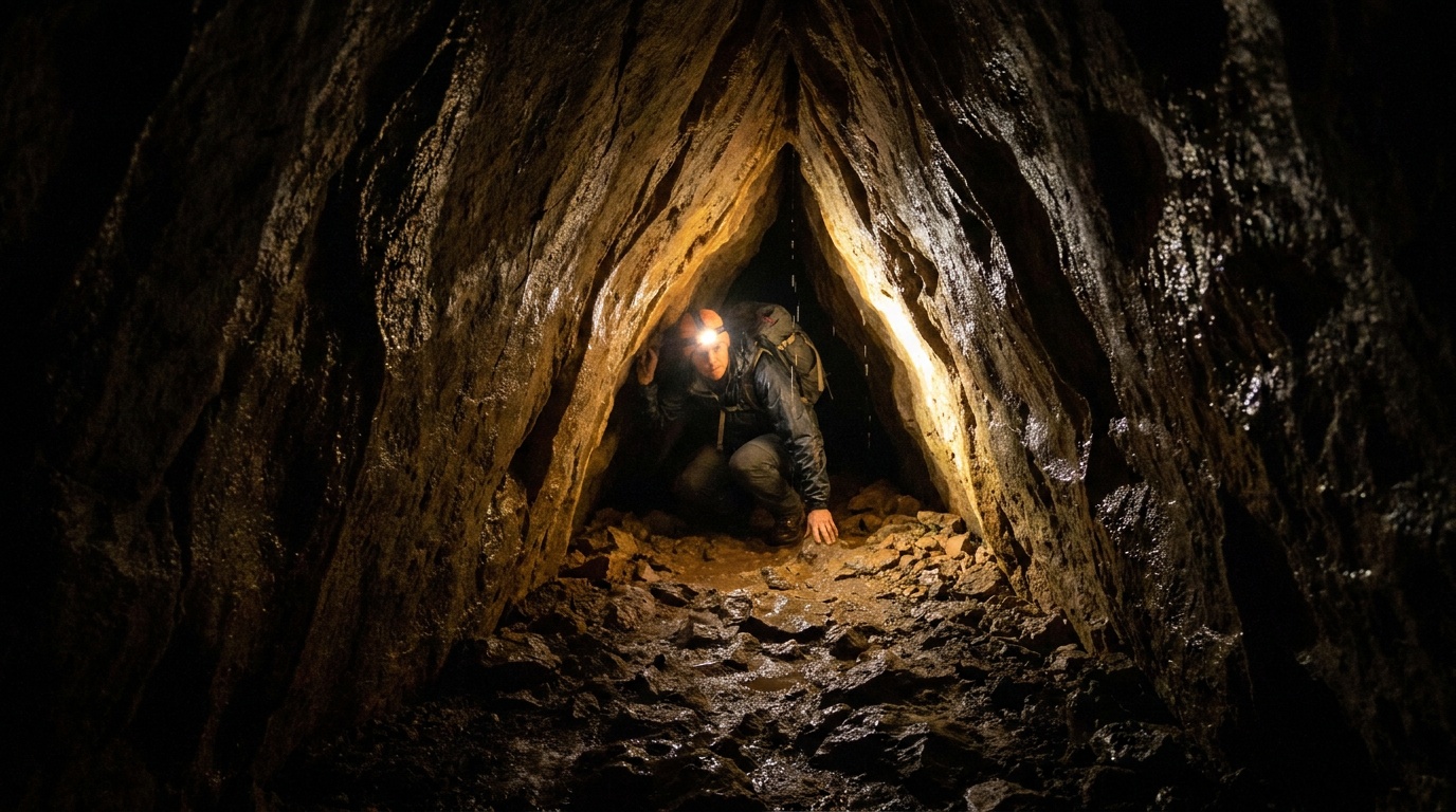 A hiker with a headlamp ducking through a narrow lit passage inside Dancehall Cave, wet limestone walls glistening, the walkway disappearing into darkness.
