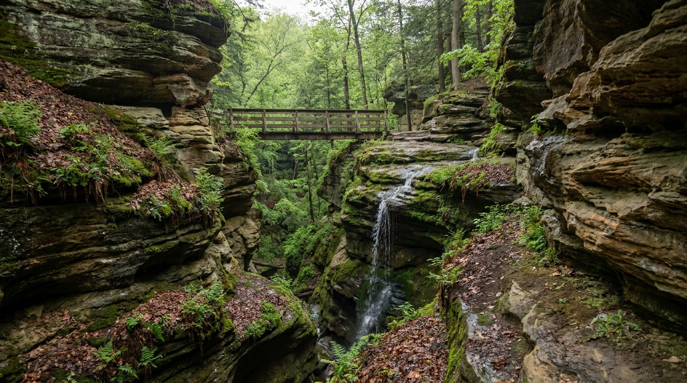 The sculpted Dells canyon at Matthiessen with a small seasonal waterfall spilling over layered sandstone into a green box canyon, a footbridge crossing above.