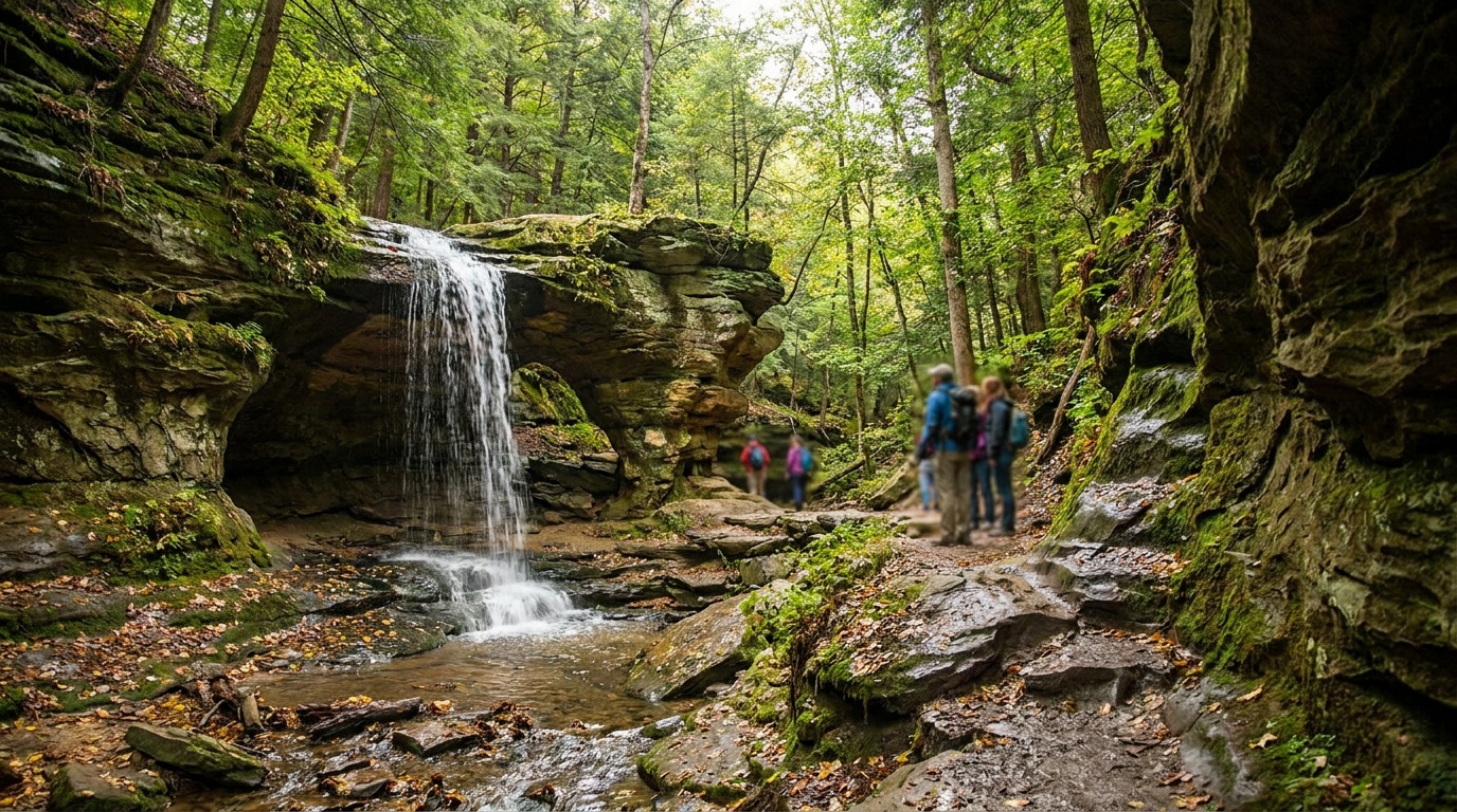 Cascade Falls at Matthiessen, a curtain of water falling from an arched sandstone overhang into a shallow pool surrounded by green canyon walls.