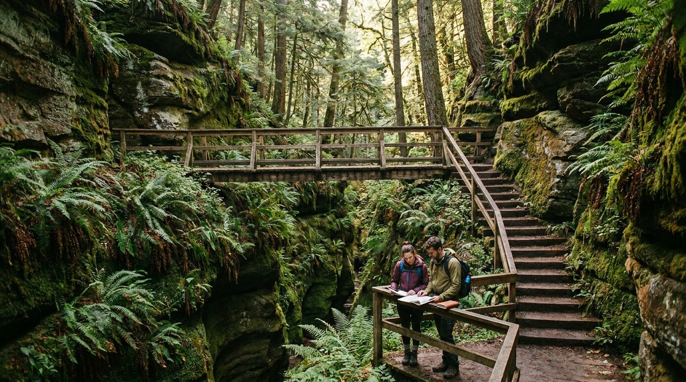 A wooden stairway and bridge descending into the lush Matthiessen dells, ferns and moss covering the canyon walls, a quiet planning scene.