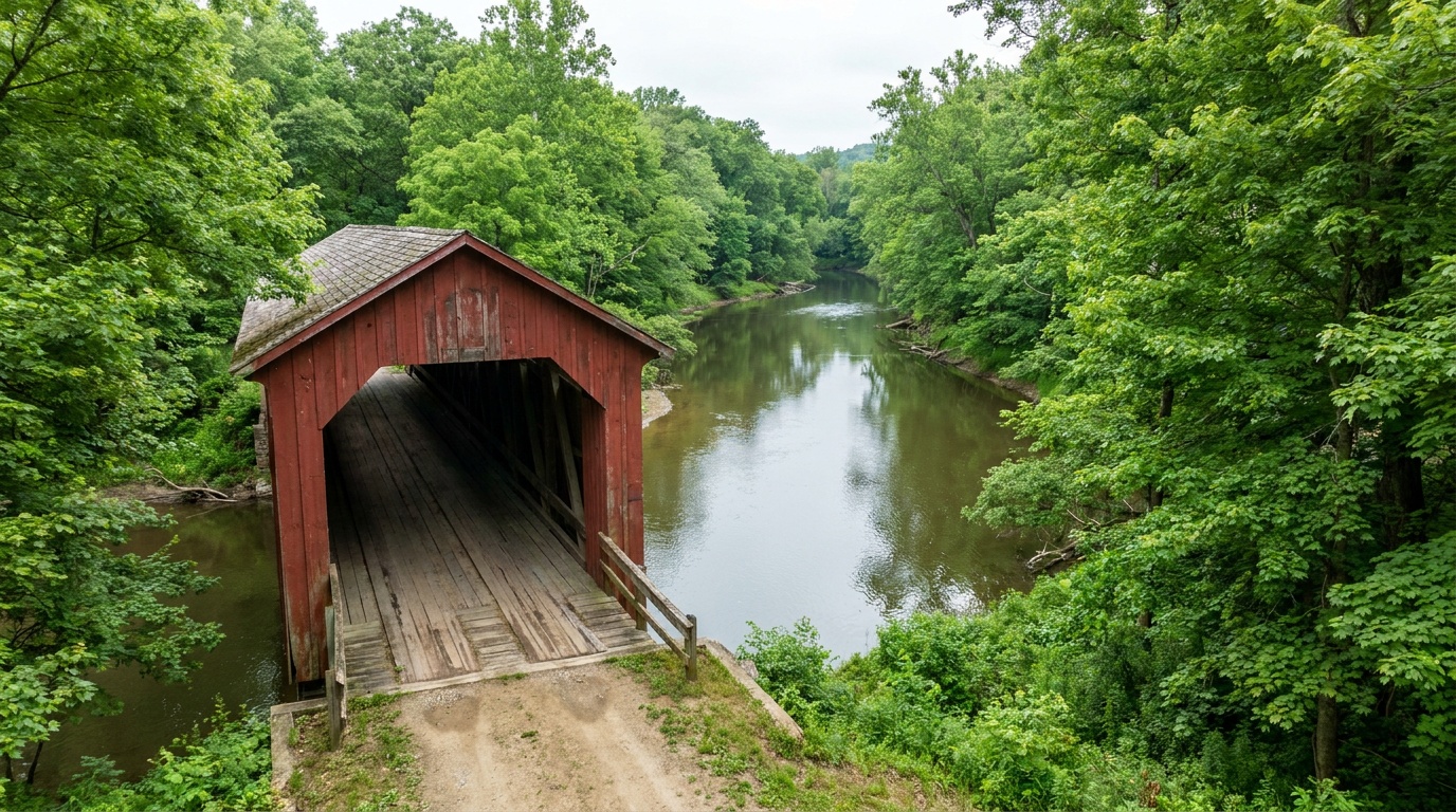 The historic red covered bridge over the Clear Fork Mohican River, framed by green summer forest, a calm planning-context scene for the park.