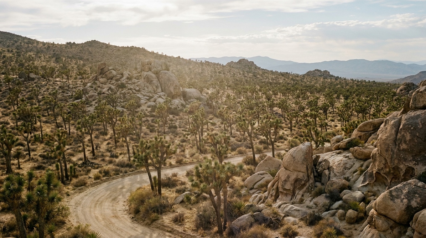 A dense forest of Joshua trees blanketing the slopes of Cima Dome with granite outcrops in Mojave National Preserve
