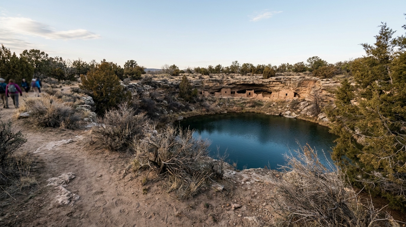 The limestone sinkhole spring of Montezuma Well with cliff dwellings on its rim