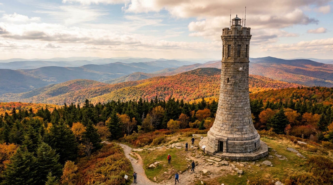 The 92-foot granite Veterans War Memorial Tower at the summit of Mount Greylock, the highest point in Massachusetts, rising above spruce forest in peak Berkshire autumn color, layered blue ridgelines stretching to the horizon, photorealistic landscape