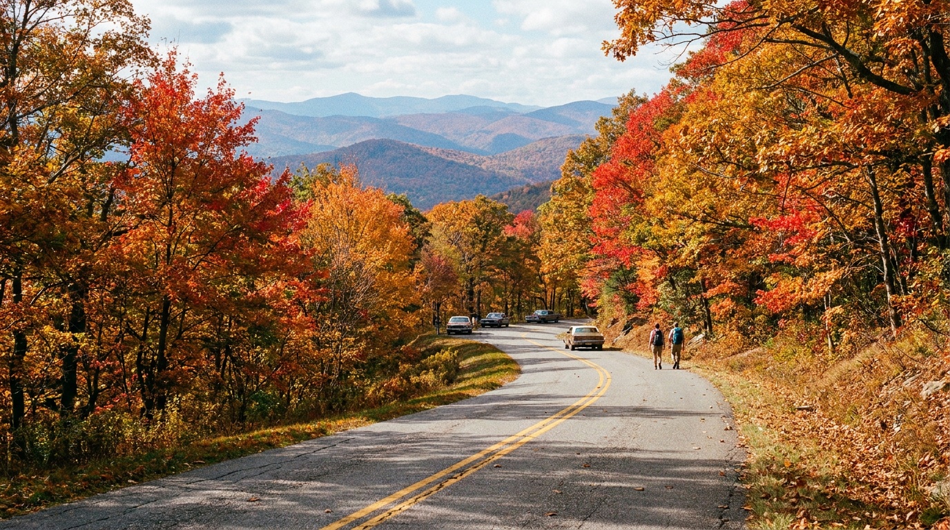 The winding seasonal Scenic Byway auto road climbing through brilliant fall foliage toward the summit of Mount Greylock, sweeping Berkshire mountain views, clear day, photorealistic