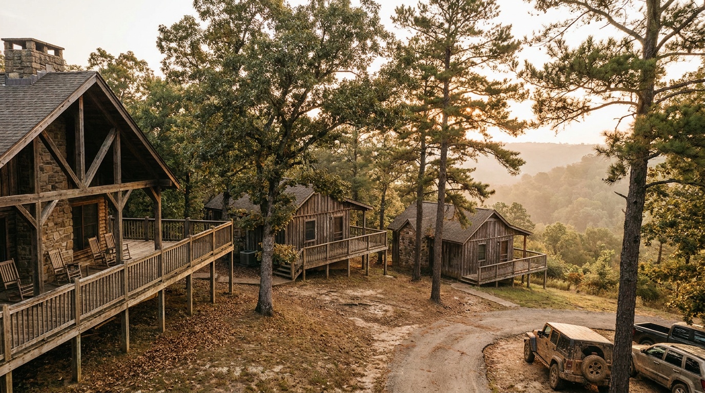 Mountain cabins with wrap-around decks lining the high bluff edge among trees, overlooking a hazy valley at sunset, a resort-style state park lodge setting in Arkansas