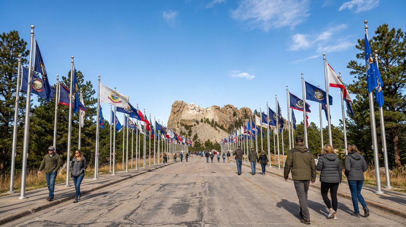 The Avenue of Flags walkway leading toward the Mount Rushmore carving, state flags lining both sides under a bright blue South Dakota sky