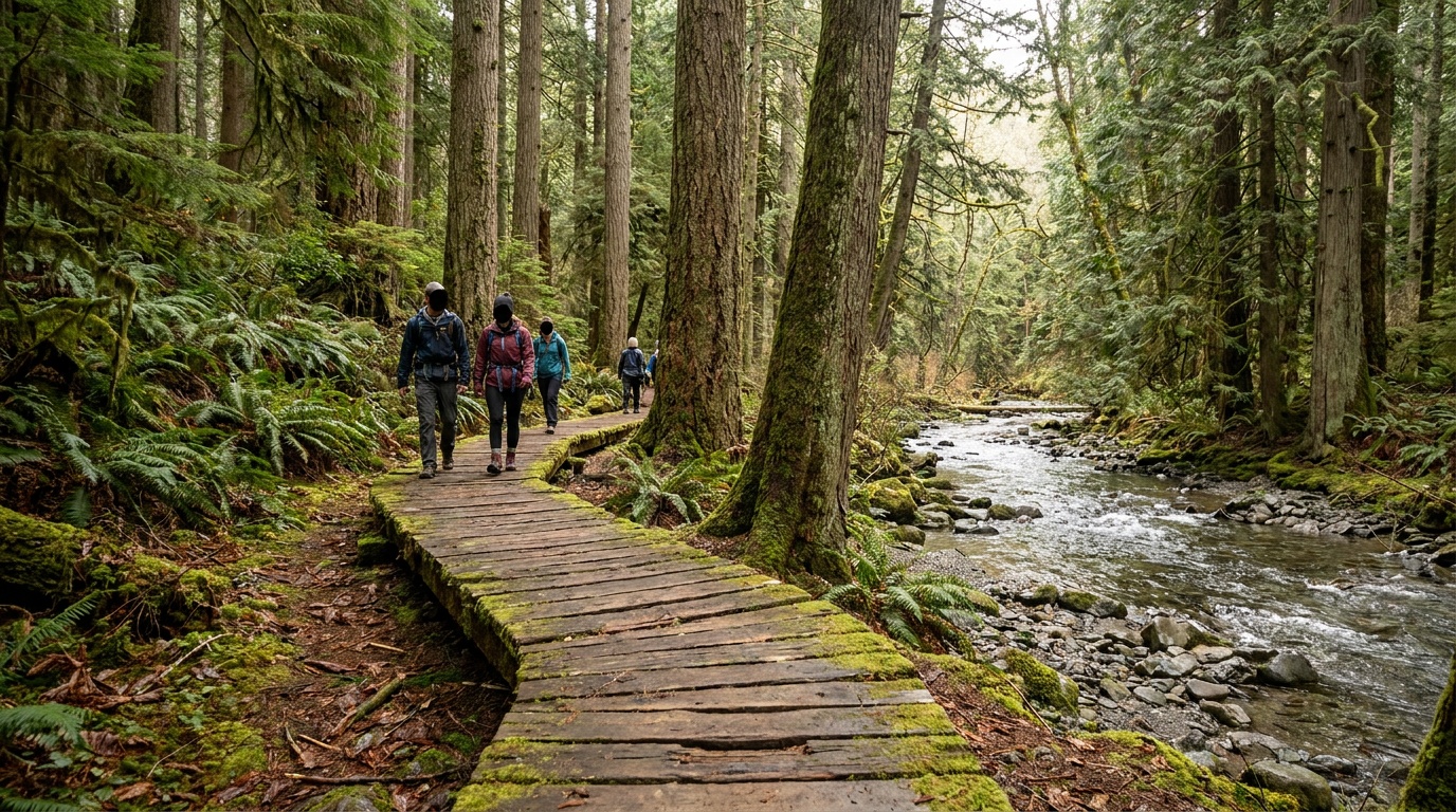 The wooden boardwalk and creek path through Cathedral Grove