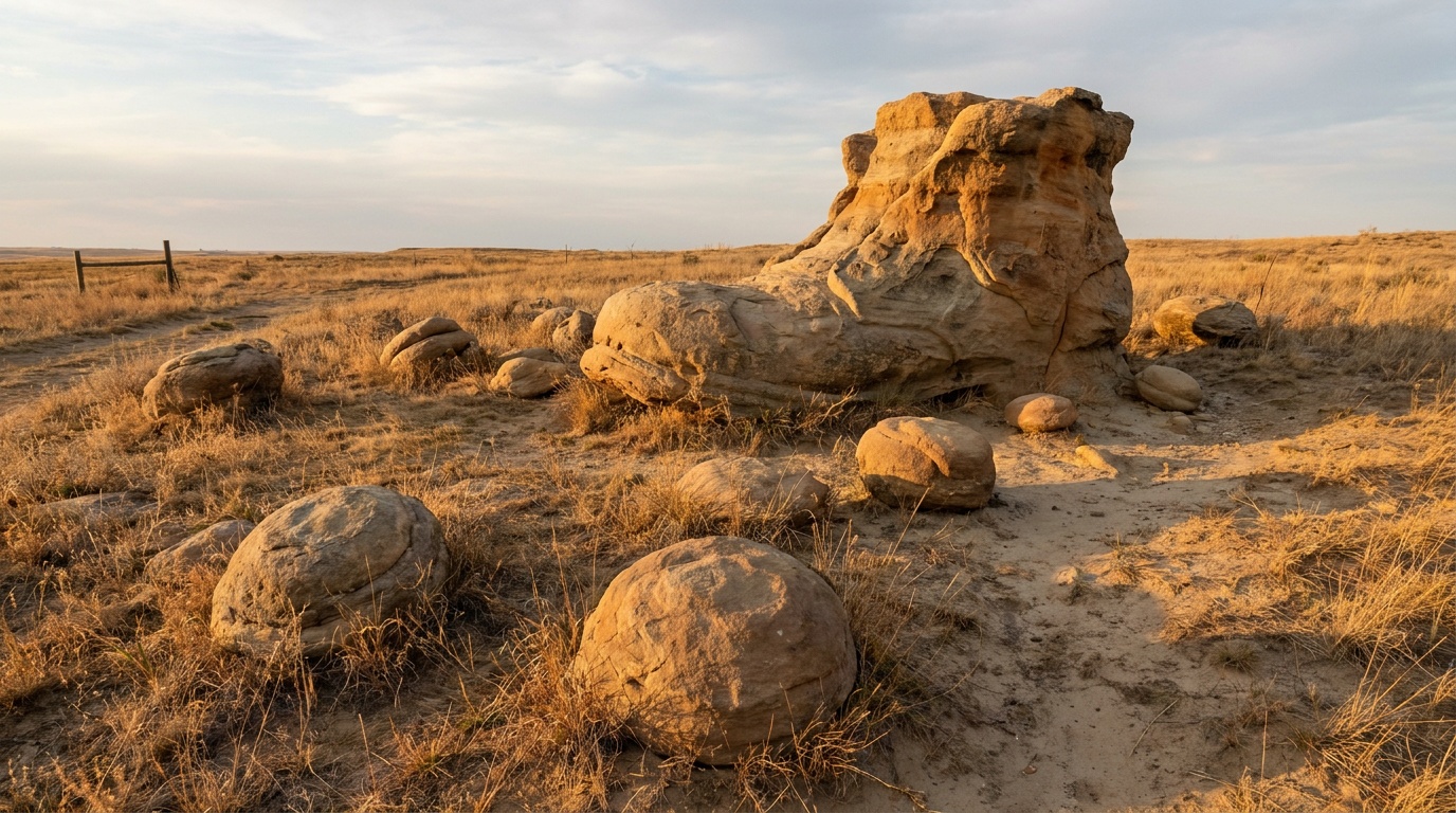 The so-called giant shoe rock and smaller sandstone concretions scattered across the five-acre Mushroom Rock prairie, warm low evening light.