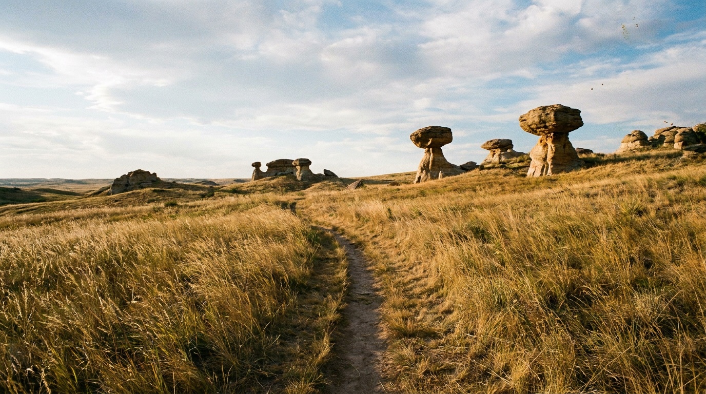 A short prairie footpath leading to the strange balanced mushroom rocks of Mushroom Rock State Park, grasses bending in the wind, big open sky.